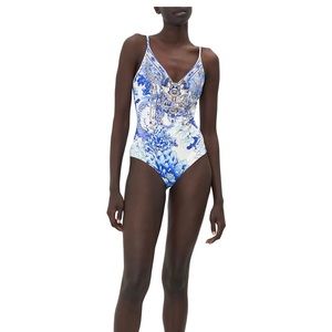 Exquisite Camilla one piece swimsuit, beautiful shades of blue, white, with gems
